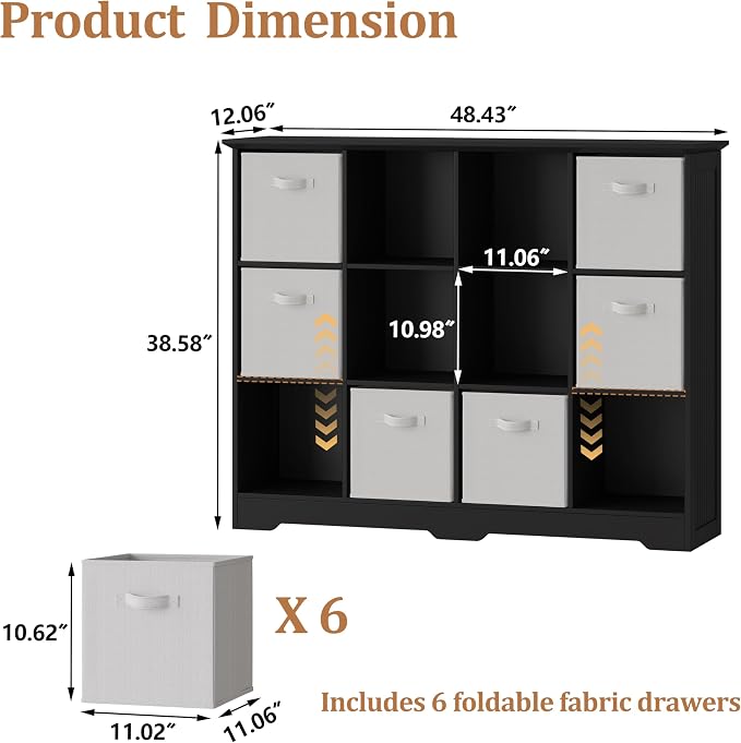 12 Cube Storage Organizer Shelf, Wood Cubby Storage with 6 Fabric Drawers | 3 Tier Wooden Bookshelf with 2 Adjustable Shelves, Fluted Side Panels Bookcase for Records, Books, Ornaments