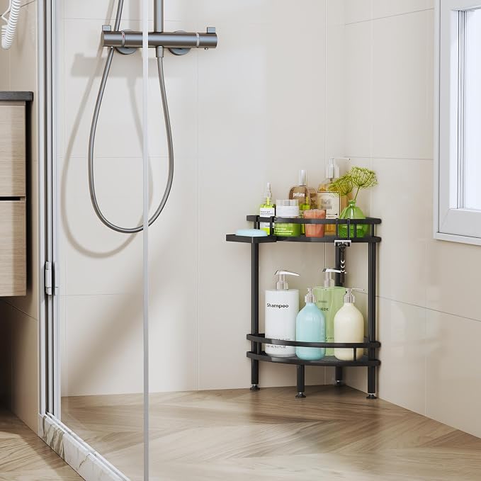 HapiRm Standing Corner Shower Caddy - 2 Tier Shower Organizer Corner with Soap Holder and 2 Hooks, Rustproof Bathroom Storage Shelves with Adhesives, Black