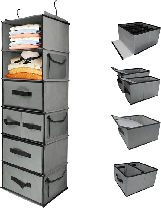 Durable 6-Tier hanging closet organizer with 5 Drawers & 3 Side Pocket,Thickened Fabric Hanging Shelves Holder with Sturdy Hook,Space-saving Storage Organization for Bedroom,Dorm,Guestroom,RV,Bathroom