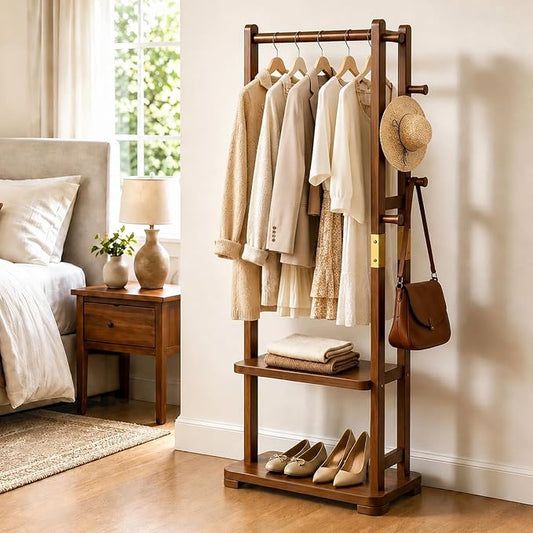 Taitiy Coat Rack Solid Wood Hall Tree Storage 2 Shelves 5 Hooks | Hallway bedroom living room, durable wood construction, freestanding organizer design, coats hats wallets garments