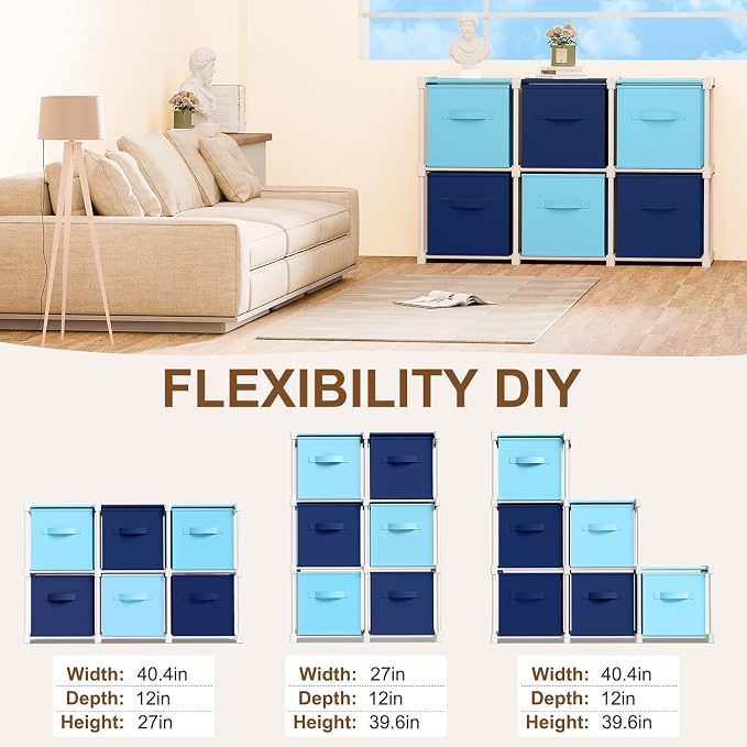 Briwooody 6 Cube Storage Organizer Storage Bins Shelf,Dark Blue,Light Blue