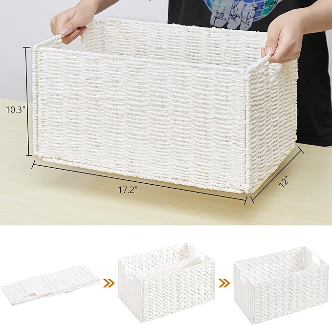 Vagusicc Wicker Storage Basket, Set of 2 Hand-Woven Paper Rope Wicker Basket, Large Storage Baskets for Organizing, Foldable Large Cube Storage Organizer Bins for Shelves (White)