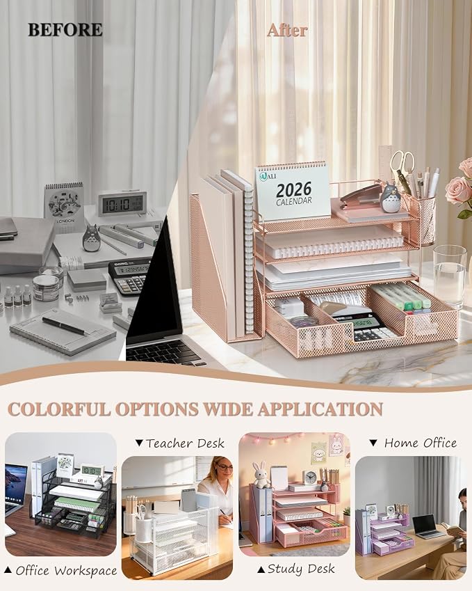 WALI Desk File Organizer, 4 Tier Desktop Paper Letter Tray Organizer with Drawer and 2 Pen Holders, Office Desk Accessories & Workspace Organizers for Office, Home, School Supplies, 1 Pack, Rose Gold
