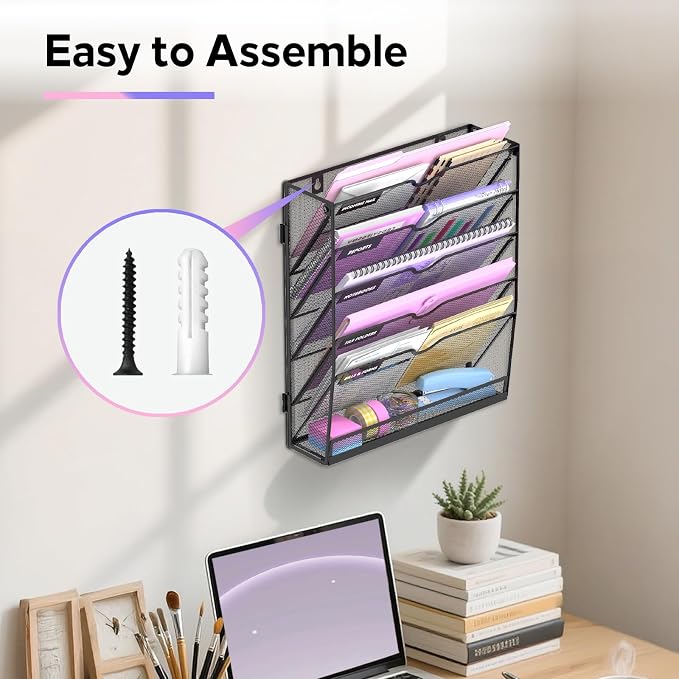 6-Tier Wall File Organizer with Base, Wall Mounted File Holder | Vertical Hanging File Organizer with Open Compartments and Label Holders for Mail, Folders and Paperwork at Home or Work