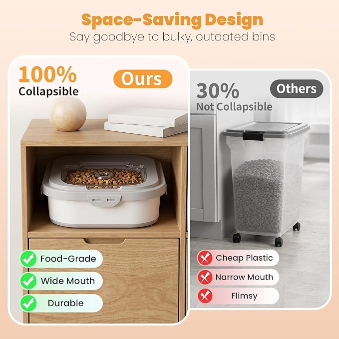 40 Lbs Dog Food Storage Container, Collapsible Cat Food Container | Airtight Pet Food Storage Containers with Wheels, Clear Window, 2 Measuring Cup, Scoop, BPA Free for Rice, Flour, Bird Seed