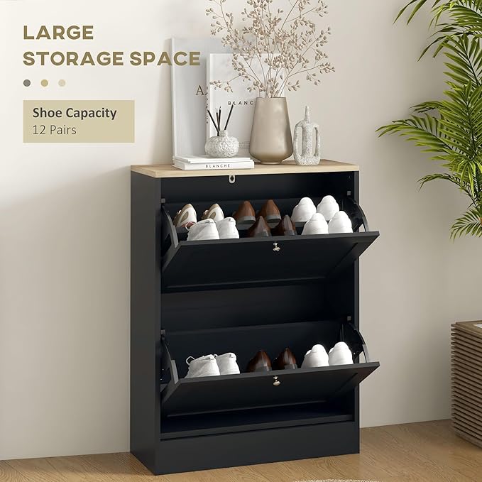 HOMCOM Shoe Cabinet with 2 Flip Drawers, Narrow Slim Shoe Rack, Black | Freestanding, Storage Cabinet, for Entryway, Hallway