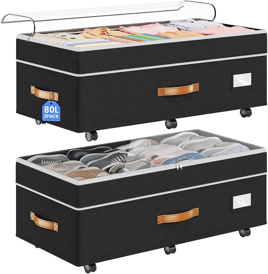Budding Joy 80L 2 Pack Adjustable Under Bed Storage with Wheels | Underbed containers with clear lids, rolling under bed shoe storage organizer for dorm home clothes, blankets, toys, black