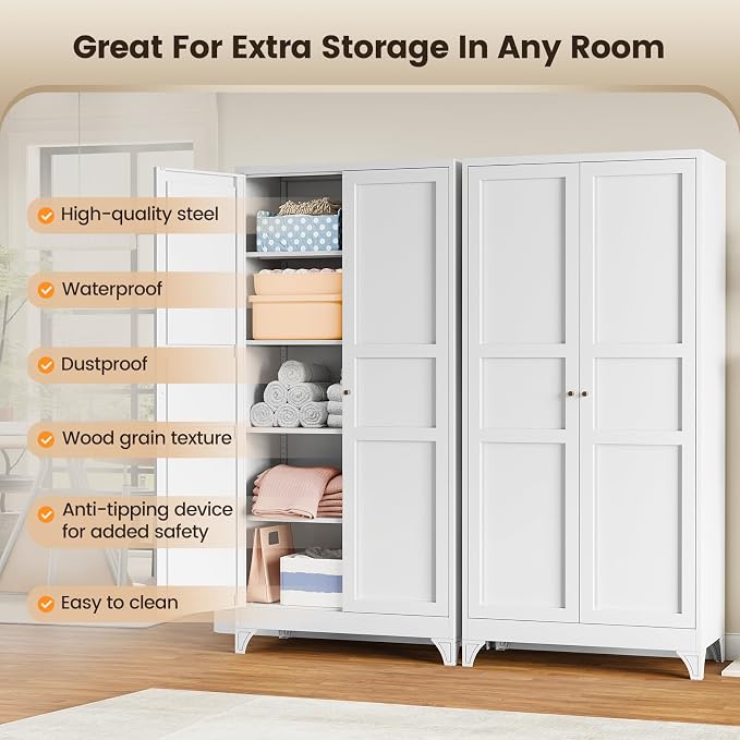 Yizosh Metal Pantry Cabinet, 75" Kitchen Pantry with 2 Door and 4 Adjustable Shelves,White Metal Pantry Storage Cabinet,Cupboard for Kitchen,Dining Room,Living Room and Bathroom