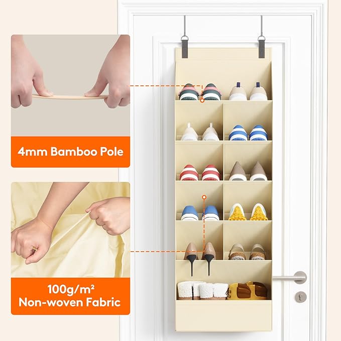 Lifewit 6 Tier Over the Door Shoe Organizer with 11 Large Deep Pockets, Fabric Hanging Shoes Shelf for Closet, Dorm Storage, Fit Up to 12 Pair Shoe Rack Holder for Sneakers, Boots, Beige