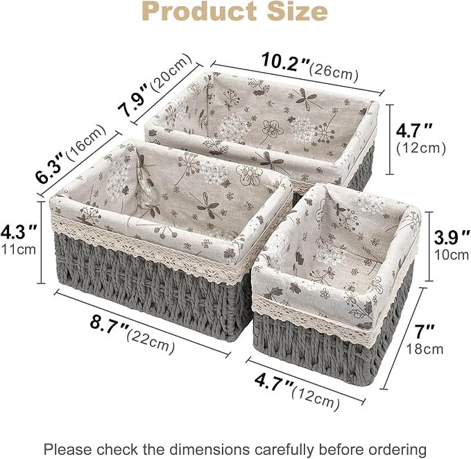 Wicker Storage Baskets Set of 3, Handwoven Paper Rope Organizer Bins with Removable Floral Liner, Small Medium Large for Bathroom, Pantry, Shelf, Countertop, Closet (Gray, L+M+S)