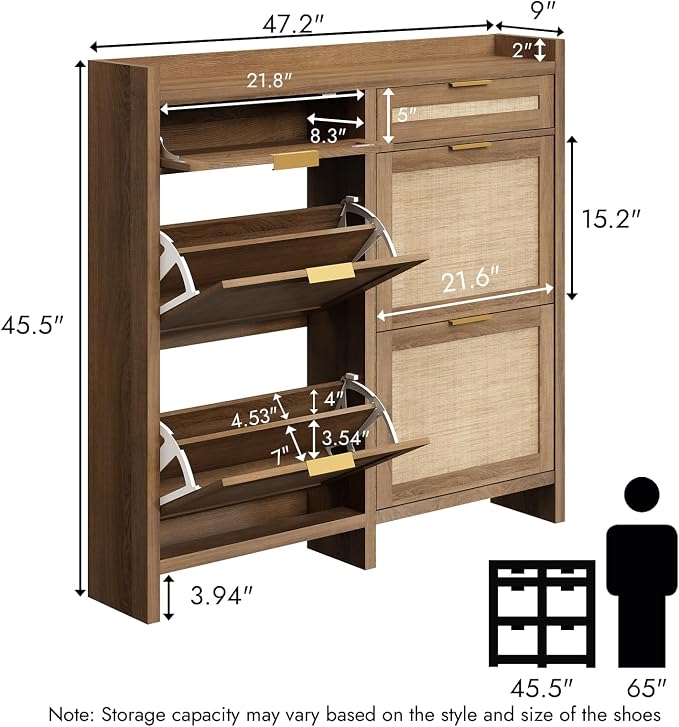 HOKYHOKY Large Rattan Shoe Storage Cabinet with 4 Flip Drawers & 2 Storages | Hidden Slim Shoe Organizer, Farmhouse Boho Narrow Shoe Rack, Large Tabletop Space, Entryway, Rustic Oak