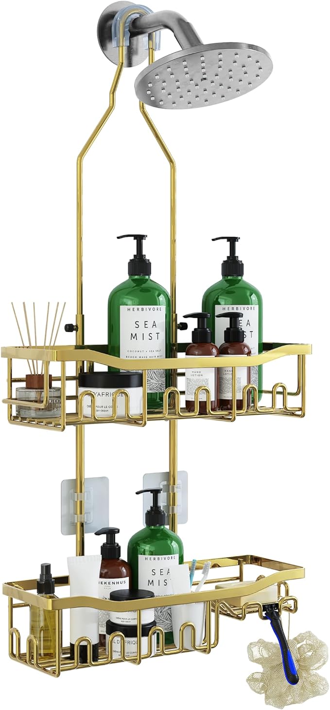 Shower Caddy, Extended Length Shower Organizer with Hooks, Rustproof Shampoo Soap Holder, Large Hanging Bathroom Caddy, Gold