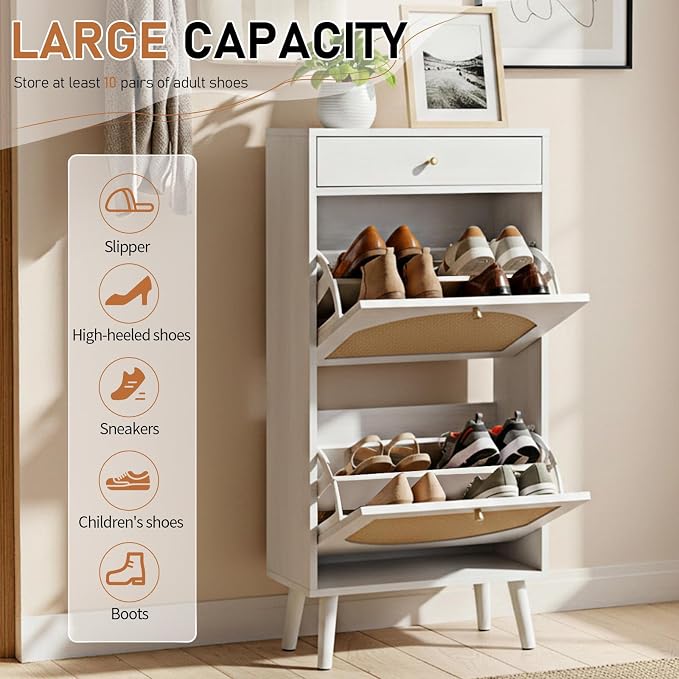 VINGLI Rattan Shoe Cabinet, White Slim Shoe Storage Cabinet for Entryway, Modern Boho 2 Flip Drawer Shoe Rack Organizer with Top Drawer, Narrow Hidden Shoe Storage for Hallway, 21.3" W x 9.4" D