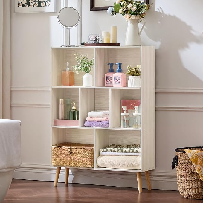 LEYAOYAO Cube Bookshelf, Mid-Century Modern Book Shelf with Legs,Light Grey | 3 Tier Bookcase, Rustic Wood Bookshelves Freestanding Small Storage Organizer, Open Shelves for Bedroom, Living Room, Office