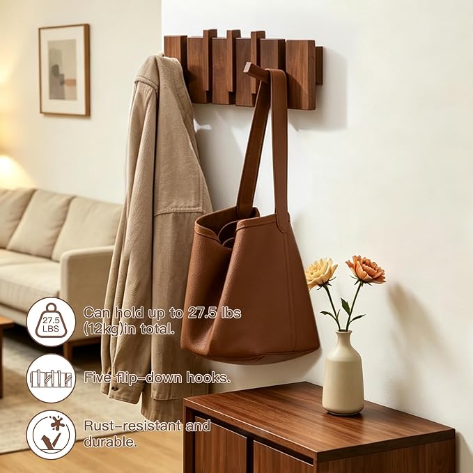 Wood Coat Rack Wall Mount - Large Walnut Piano Coat Rack wtih 5 Hooks for Hanging Clothes,Keys,Robes,Purse,Towels,Modern Decorative Wall hooks Heavy Duty Hanger Organizer for Bathroom/Bedroom/Entryway