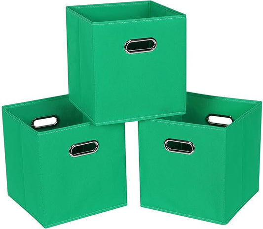 Fabric Cloth Storage Bins,Fabric Cube Bins Organizer with Dual Handles Foldable Cube Storage Baskets for Home Bedroom Storage,Set of 3,(Green)