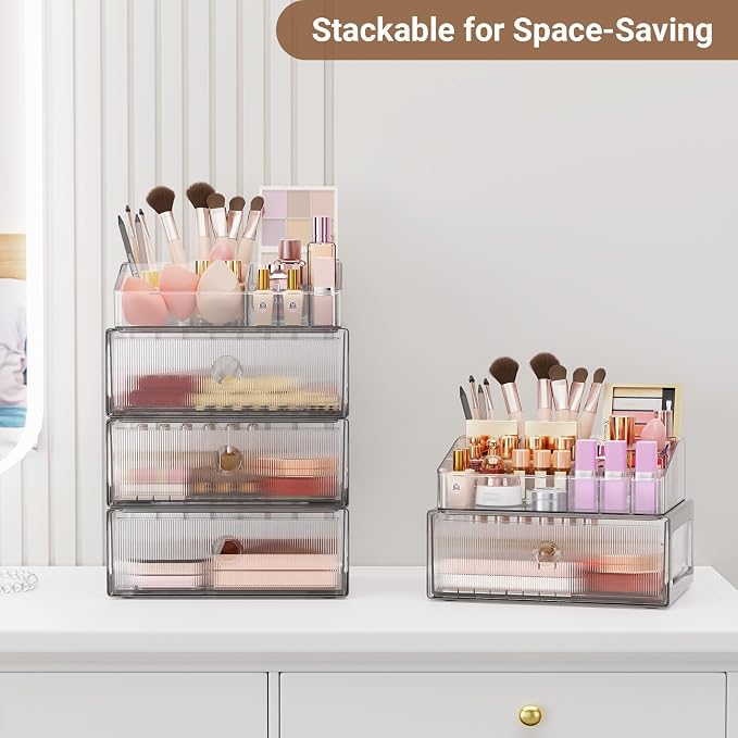 3 Tier Clear Makeup Organizer with Drawer, PET Cosmetic Storage for Dresser, Countertop & Bathroom Vanity, Holders for Lipstick, Brushes, Skincare & Beauty Supplies