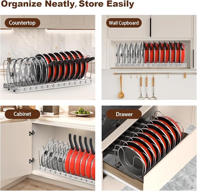 Housolution Pot and Pan Lid Organizer Holder Storage Rack, Silver | 12"-23" Expandable, 14 Adjustable Dividers, Sturdy Stainless Steel Construction, Easy Assembly