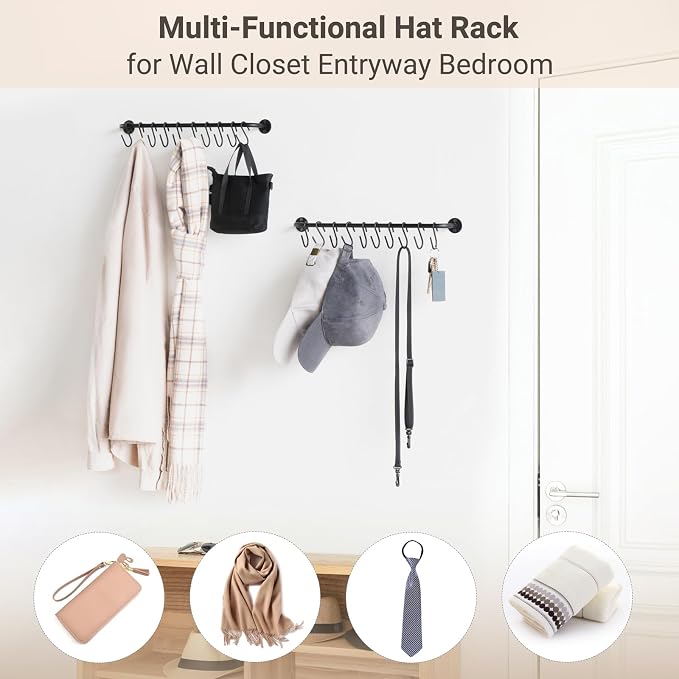 Mkono Hat Organizer Hat Rack for Wall Storage Holder with 20 Hooks Set of 2 | Hanging for 20 Caps, Adjustable Hooks, Space-Saving, Holds Baseball Scarves Belts Bags, Closet Door Bedroom Entryroom Laundry