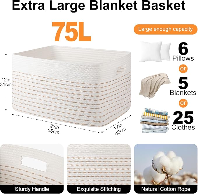 OIAHOMY 75L Blanket Basket, Woven Cotton Rope Basket for Organizing 22”x17”x12”, Used for Living Room, Bedroom, Nursery, Light Yellow & White