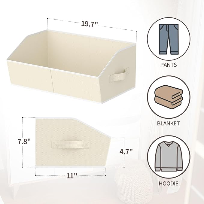 Homsorout Storage Bins for Shelves - Large Trapezoid Closet Shelf Organizer, Fabric Organization Bins with Handles, Storage Baskets for Clothes, Towel, Purse, 4 Pack, Beige