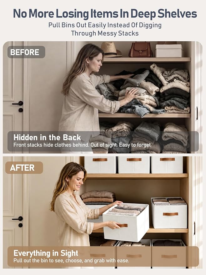 6 Pack Large Closet Storage Baskets Bins for Shelves, Collapsible Fabric Closet Organizers and Storage with Polyester Handles, Decorative Baskets for Organizing Clothes, Towels, Linen Closet 16x12x10"