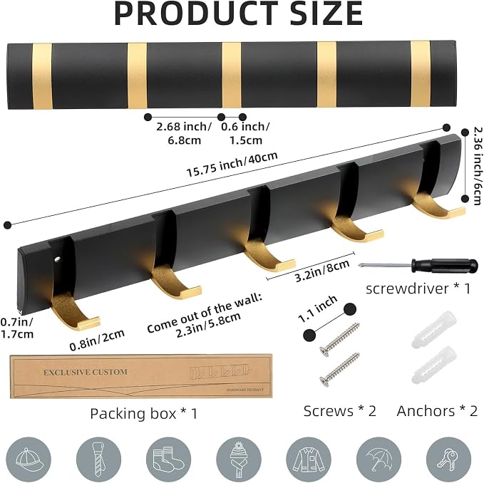 Foldable Stylish Modern Hook Rack with 5 Hooks, Coat Hooks Wall Mount, Metal Coat Hook Rail for Coat Hat Towel Purse Robes Mudroom Bathroom Entryway (Black and Gold)