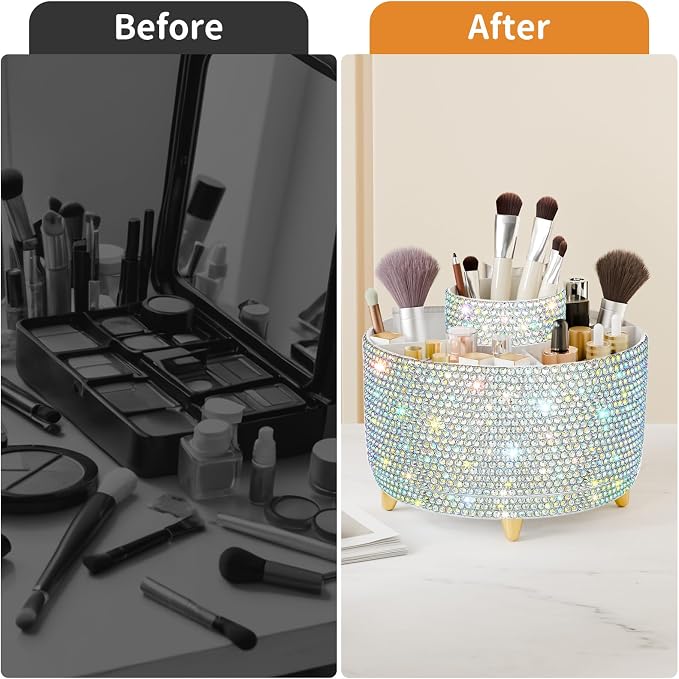 fanado Bling 360° Rotate Makeup Brush Holder Organizer, Makeup Organizers Countertop, Makeup organization and Skincare Storage for Vanity, Gift for Women Girls (Bling dz-White AB)