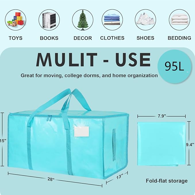 12 Pack-Extra Large Heavy Duty Moving Bags - Waterproof Storage Totes with Handles & Zippers, Foldable for College Dorm, Storage (lake blue)