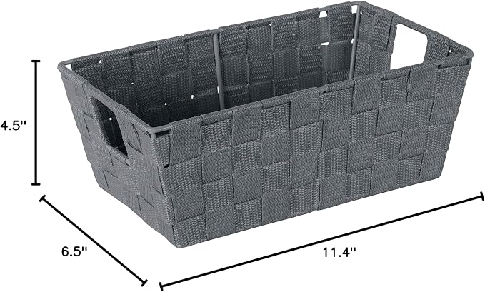 Simplify Small Shelf Woven Strap Tote | Decorative Storage Basket | Built in Handles | Organization | Closet | Bedroom | Bathroom | Nursery | Accessories | Toys | Gifts | 4 Pack | Grey