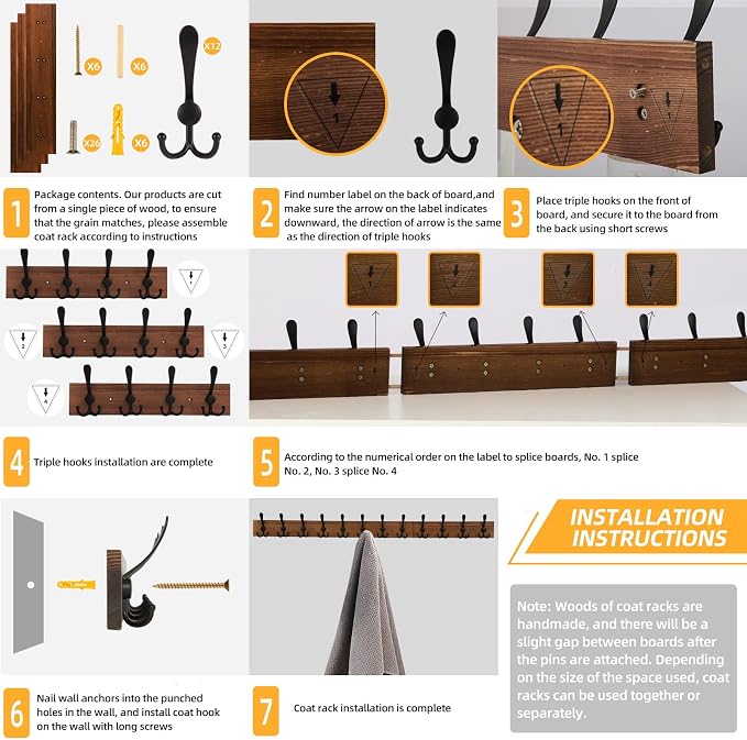 Wall Mount Coat Rack 47.3'' Burnt Brown Hanger - Rustic Towel Rack for Bathroom, Living Room - Hooks for Coats, Hats, Clothes