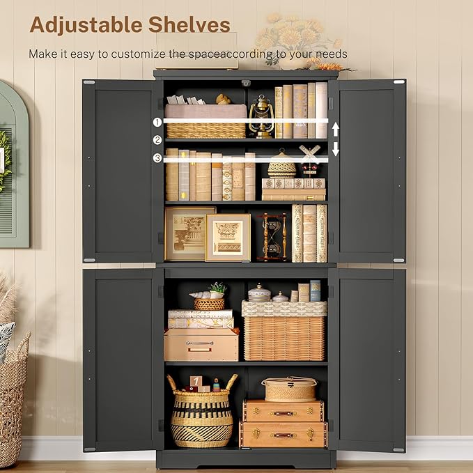 58" H Storage Cabinet with Adjustable Shelf, Kitchen Cabinet with 4 Doors, Farmhouse Pantry Cabinets, Cupboard for Kitchen, Bathroom, Living Room, Black