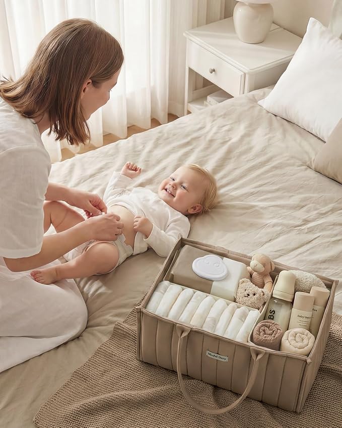 Blissful Diary Baby Diaper Caddy Organizer, Stylish Storage Basket for Newborn Essentials and Diaper Station, Gift for Baby Shower and Registry Must-Have, Mocha Brown