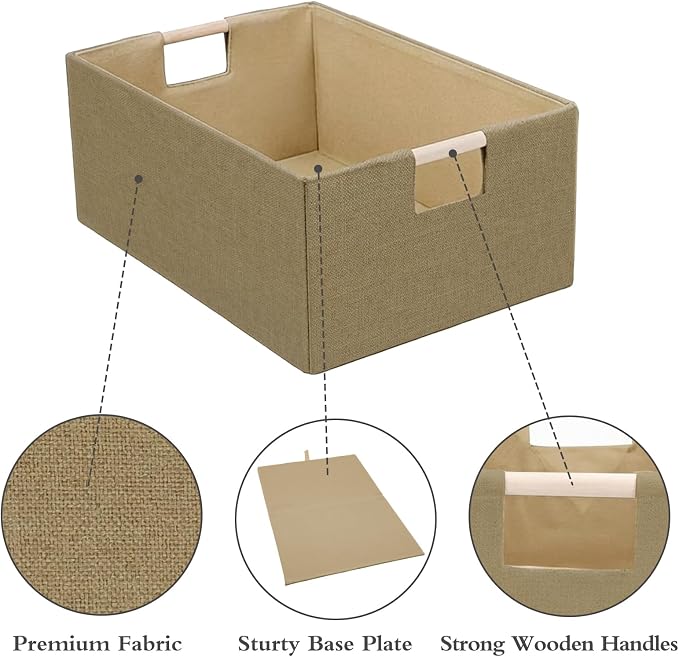 Foldable Fabric Storage Cubes, 2 Packs Cloth Storage Baskets with Wooden Handles, Collapsible Shelf Closet Organizer Bins, Rectangular Storage Boxes for Decor (Coffee Color 2 Pack)