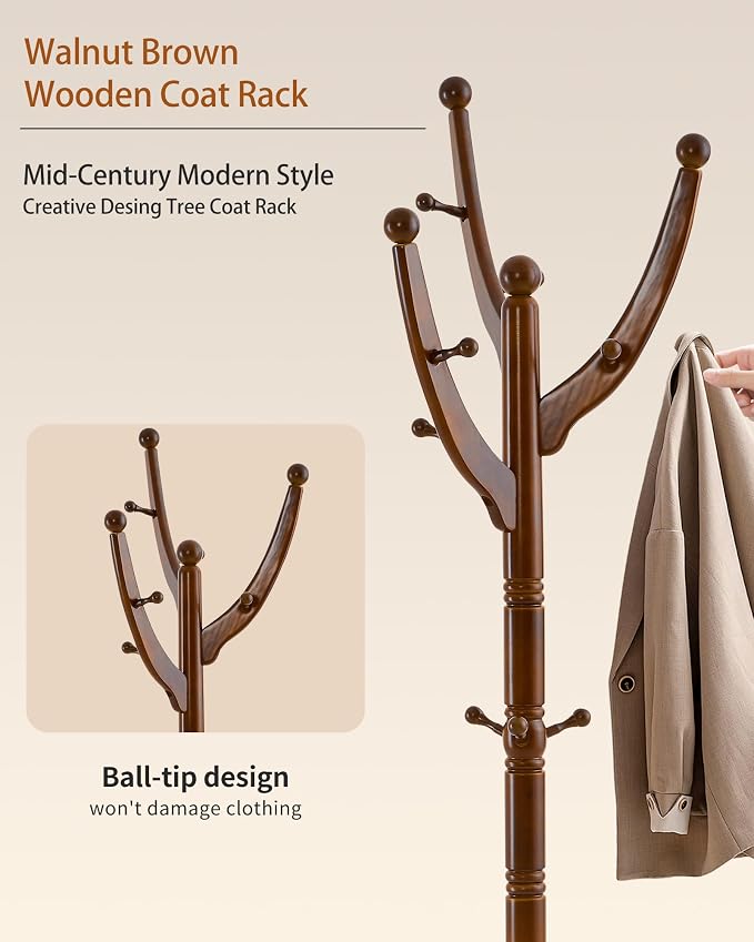 Wooden Coat Rack Freestanding, Solid Wood Coat Rack Stand with 13 Hooks, Mid-Century Modern Heavy Duty Coat Racks,Walnut Brown Standing Coat Jacket Hanger Clothes Tree Stand for Corner, Office