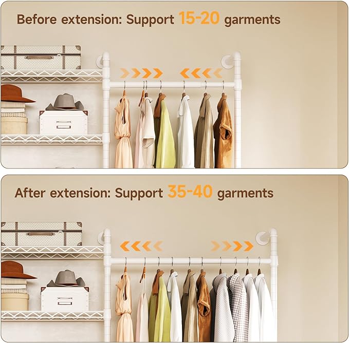 ONBRILL H4 Wall Mounted Closet System, Expandable Industrial Pipe Clothes Rack Clothing Rack for Hanging Clothes, Heavy Duty Closet Organizers and Storage in Wardrobe Closet - White