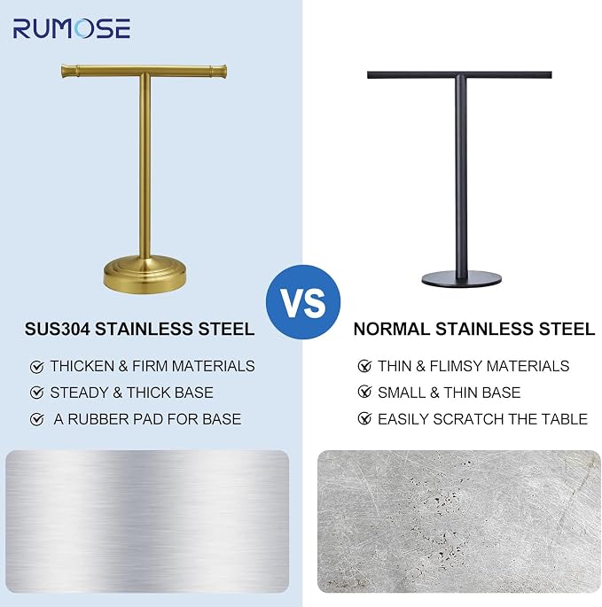 RUMOSE Brushed Gold Hand Towel Holder Stand Countertop Towel Rack | 13 Inch Bathroom Kitchen Vanity T-Shape Towel Stand Free Standing Stainless Steel Towel Bar Towel Ring