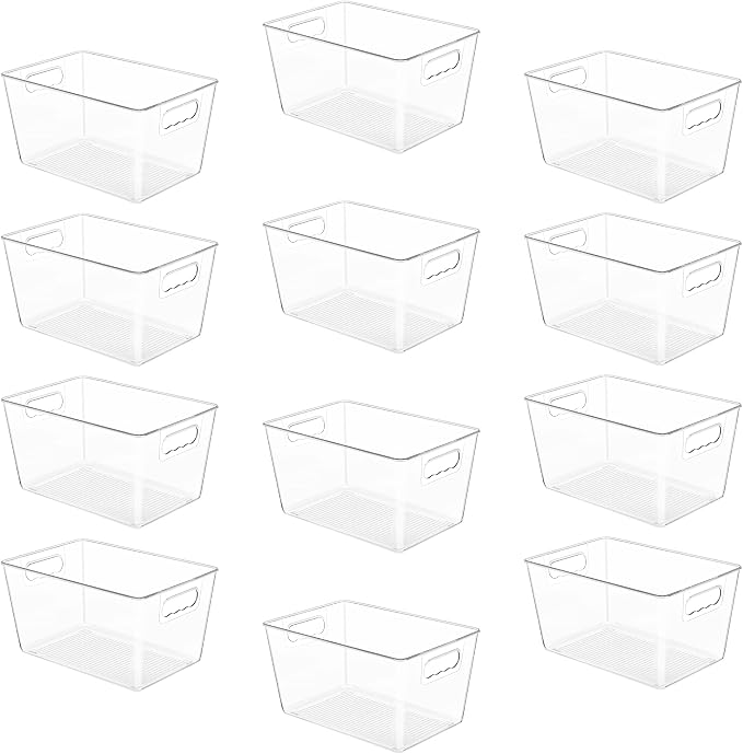 YIHONG 12 Pack Clear Pantry Organizer Bins, Plastic Containers with Handle for Kitchen,Freezer,Cabinet,Closet,Bathroom Under Sink Storage