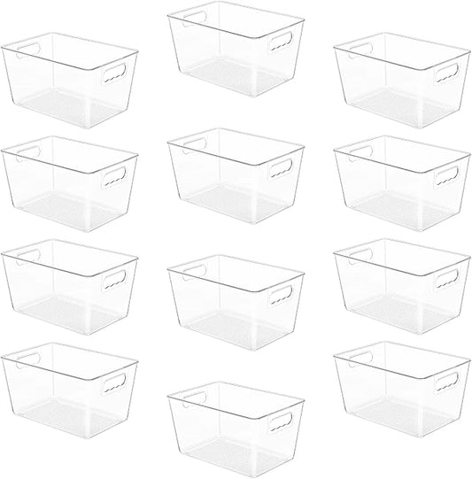 YIHONG 12 Pack Clear Pantry Organizer Bins, Plastic Containers with Handle for Kitchen,Freezer,Cabinet,Closet,Bathroom Under Sink Storage