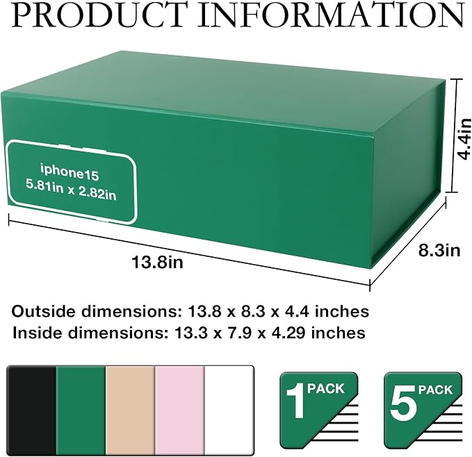 LFBOX Green Christmas Gift Box with Magnetic Lids 5 Pack | Large Bridesmaid Groomsman Proposal Boxes,13.8x8.3x4.4 in, Collapsible Rectangle Storage Box