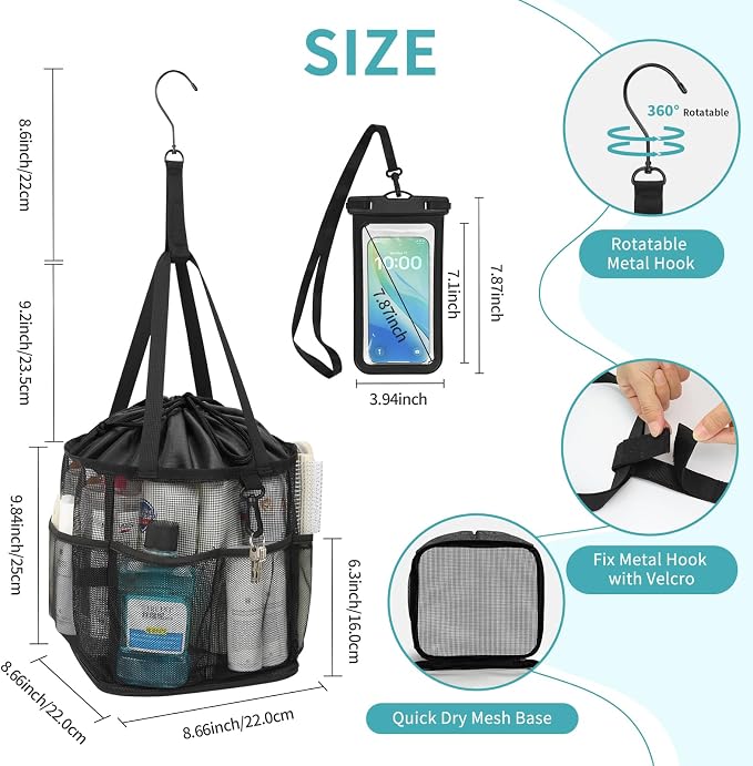 Shower Caddy Portable, Mesh Shower Caddy Hanging with Waterproof Phone Pouch Black, Large Capacity Shower Bag for College Dorm Room Essentials, Quick Dry Shower Basket for Gym, Camping, Swimming