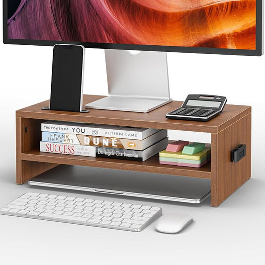 BONTEC Wooden Monitor Stand Riser for Desk, 2-Tier Computer Monitor Stand | 66 lbs Desk Shelf Organizer with Storage, Laptop & Printer Stand with Phone Holder and Cable Management, Walnut, 16.5 Inch