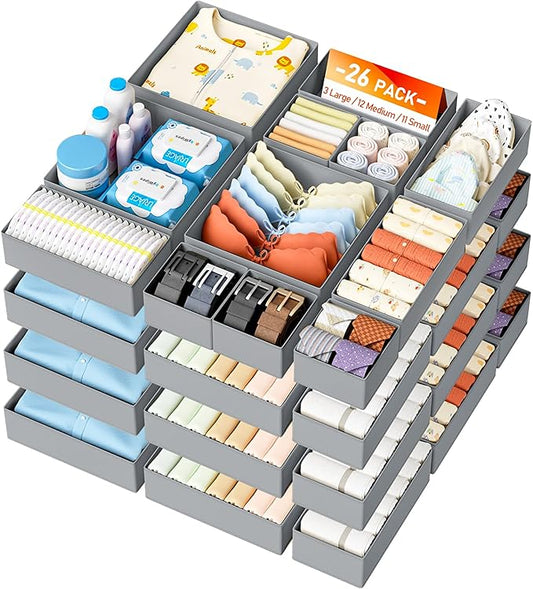DIMJ Drawer Organizer Clothes 26 Pack - Foldable Baby Organizers and Storage & Closet Organizers for Bedroom, Closet - Nursery Organization Dresser Dividers for underwear, Sock,Bra, Belt, Tie,Gray