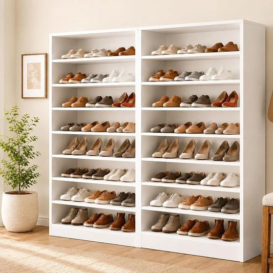 Tall Shoe Rack Cabinet for Closet & Entryway, 2 Pack, White | Wooden Narrow Shoe Organizer Cabinet with Adjustable Shelves, Freestanding, for Bedroom, Hallway