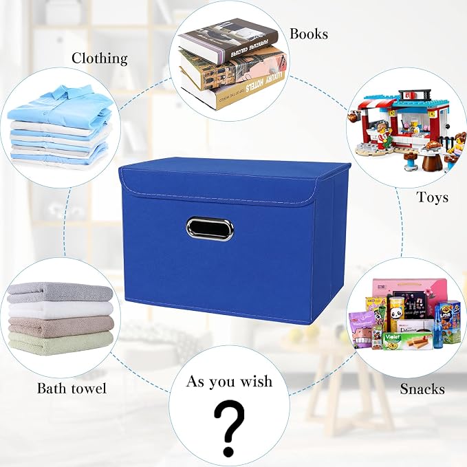 STOREONE Fabric Storage Cube Bins Foldable Organizer Container Collapsible Basket with Lids and Metal Handles, for Home, Bedroom, Closet 6 Pcs (Dark Blue)