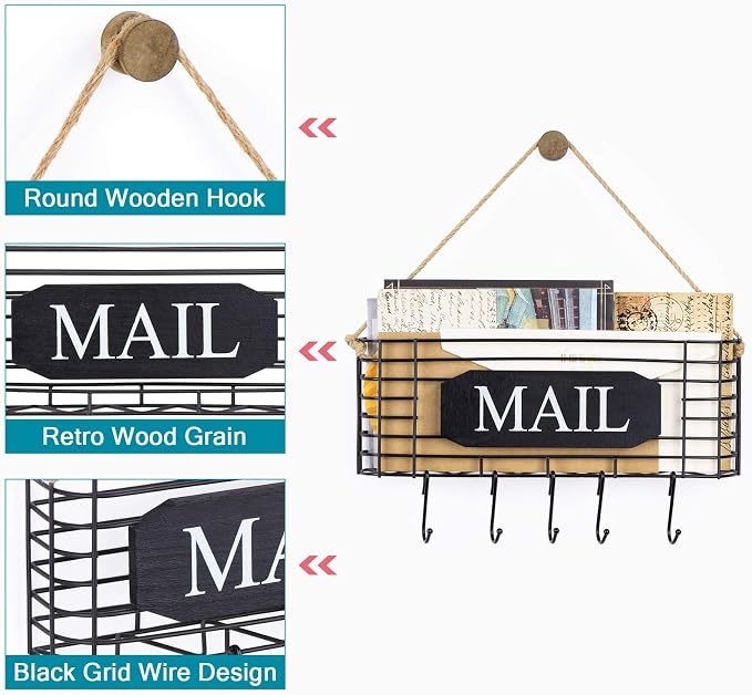 SRIWATANA Rustic Mail Organizer Wall Mount, 5 Key Hooks, Large Size, Black | Mail Holder Key Holder for Wall, Hanging Mail Sorter, Letter Basket for Receipts Bills Envelopes, Home & Office Organizer