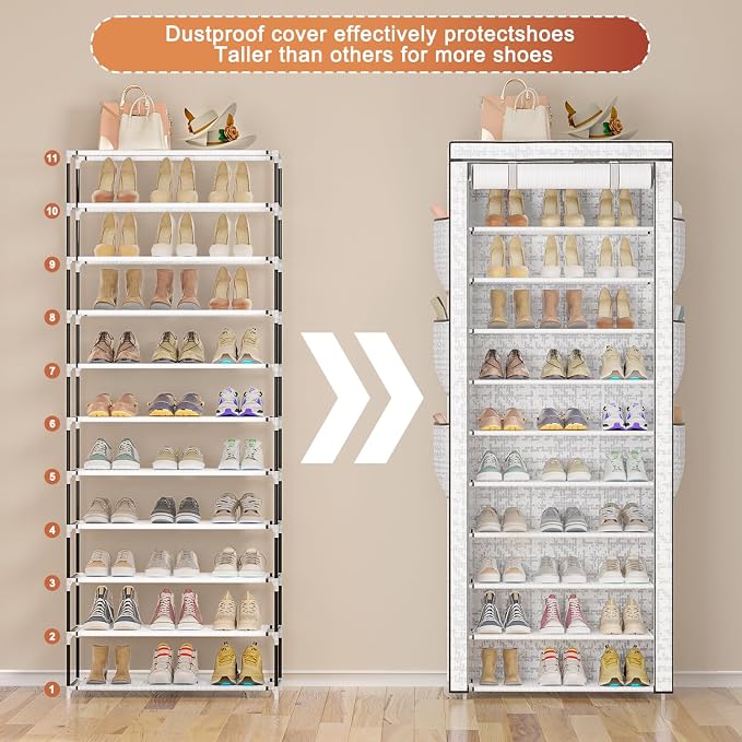 OYREL Shoe Rack Dustproof 10 Tier Tall Large Storage with 6 Storage Pocket | Space Saving Fabric Cover Shoe Organizer Shelf for Closet, Bedroom, Garage, Entryway, Narrow Free Standing Cabinet Holder