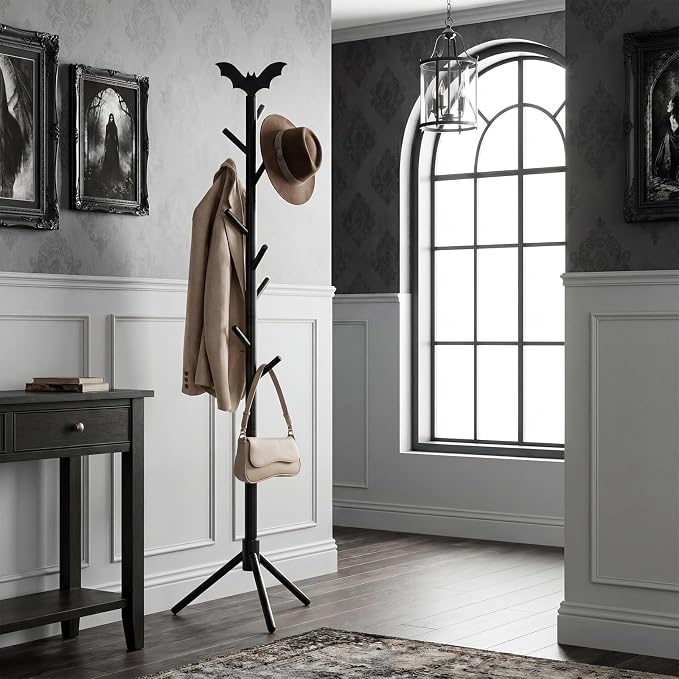 RattanView Wooden Bat Coat Rack Gothic Freestanding Coat Rack with 8 Hooks and 3 Adjustable Size Tree Racks for Hats Scarves Handbags Bedroom Hallway Entrance Office