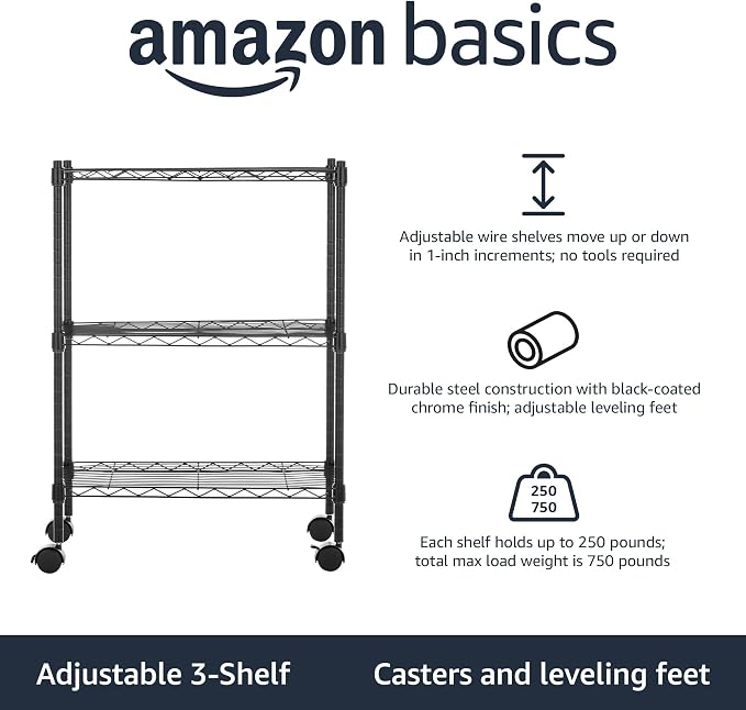 Amazon Basics 3-Shelf Adjustable Heavy Duty Storage Shelving Unit on 2" Wheels, Metal Wire Rack for Garage, Utility Shelving with Leveling Feet, 23.2"L x 13.4"W x 32.75"H, Black