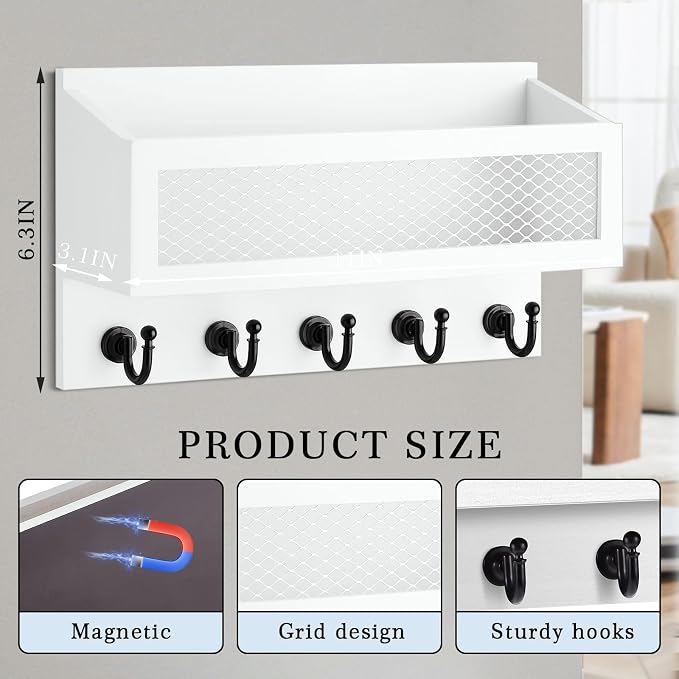 Colingmill Magnetic Mail and Key Holder for Wall Fridge Wooden Mail Organizer with 5 Key Hooks for Home Bedroom Fridge Kitchen Decorative (White)